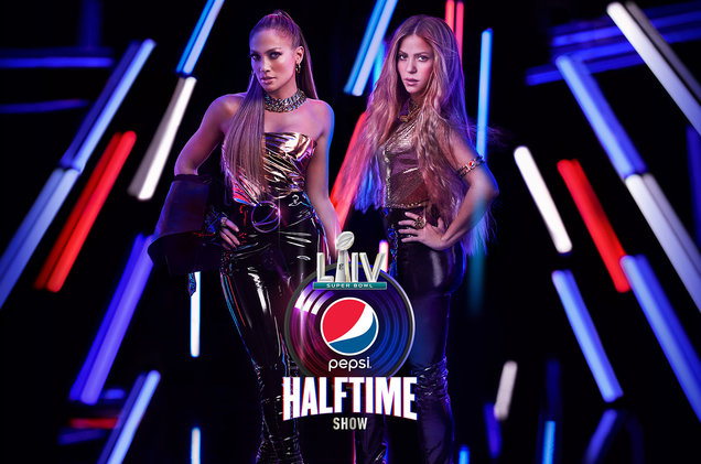Jennifer Lopez and Shakira performing at the Super Bowl Halftime 